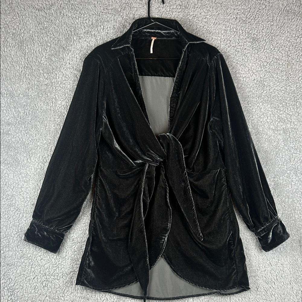 Free People Velvet Long Sleeve Deep V-Neck Gray Mini Dress Size XL